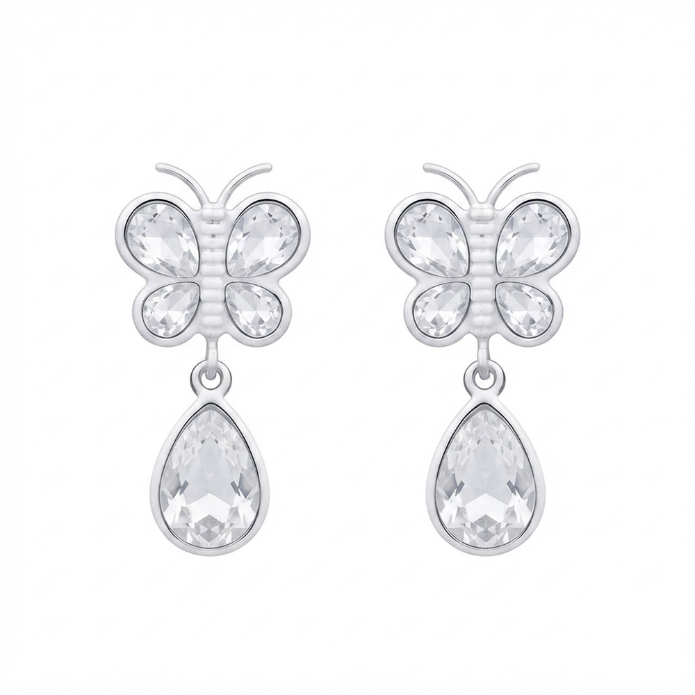 JewelMaze Silver Plated Crystal Butterfly Drop Earrings for Women