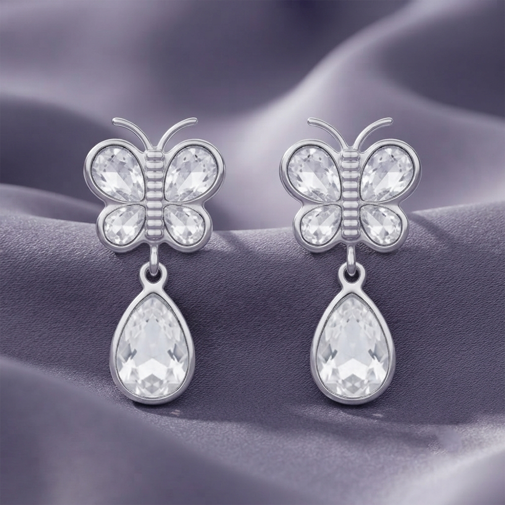 JewelMaze Silver Plated Crystal Butterfly Drop Earrings for Women