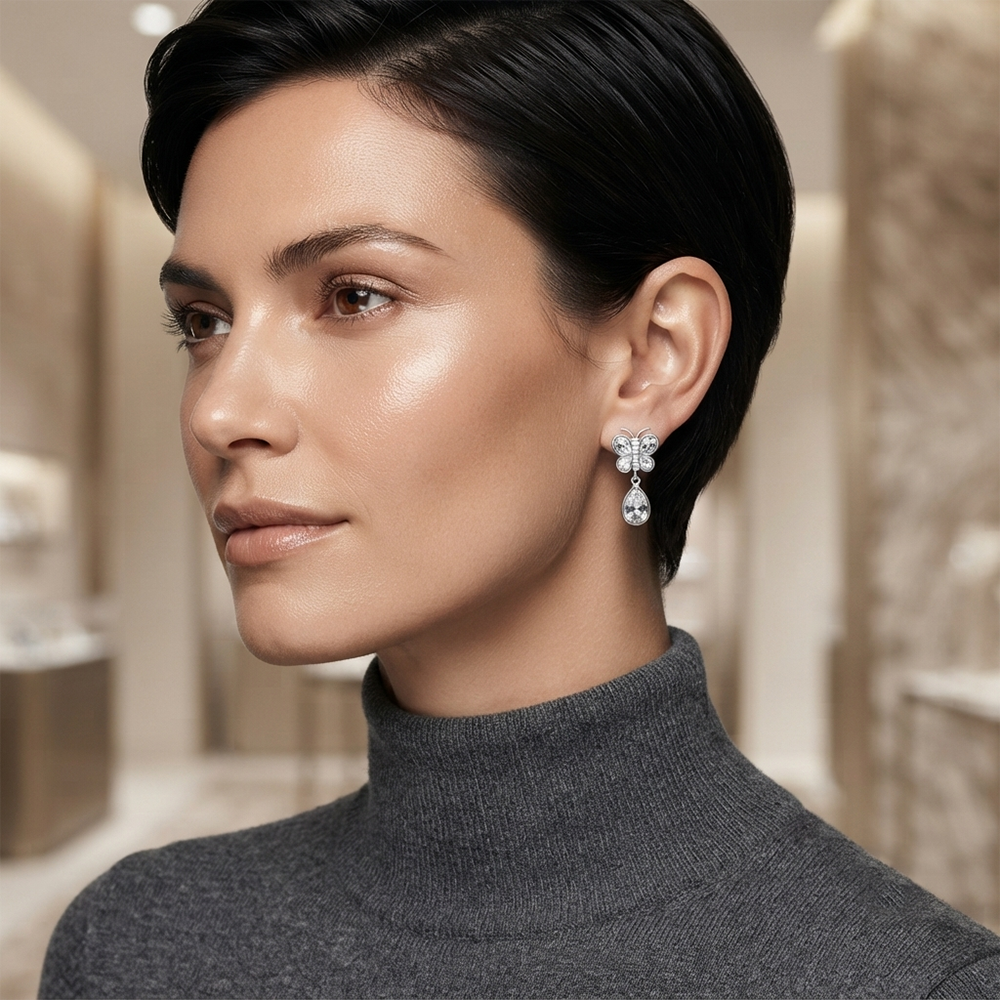 JewelMaze Silver Plated Crystal Butterfly Drop Earrings for Women