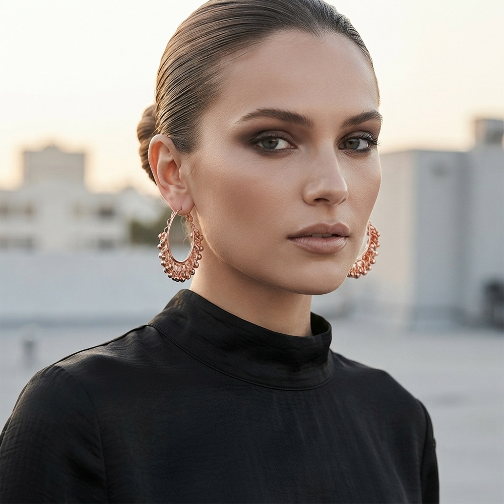 JewelMaze Rose Gold Plated Beaded Hoop Earrings for Women