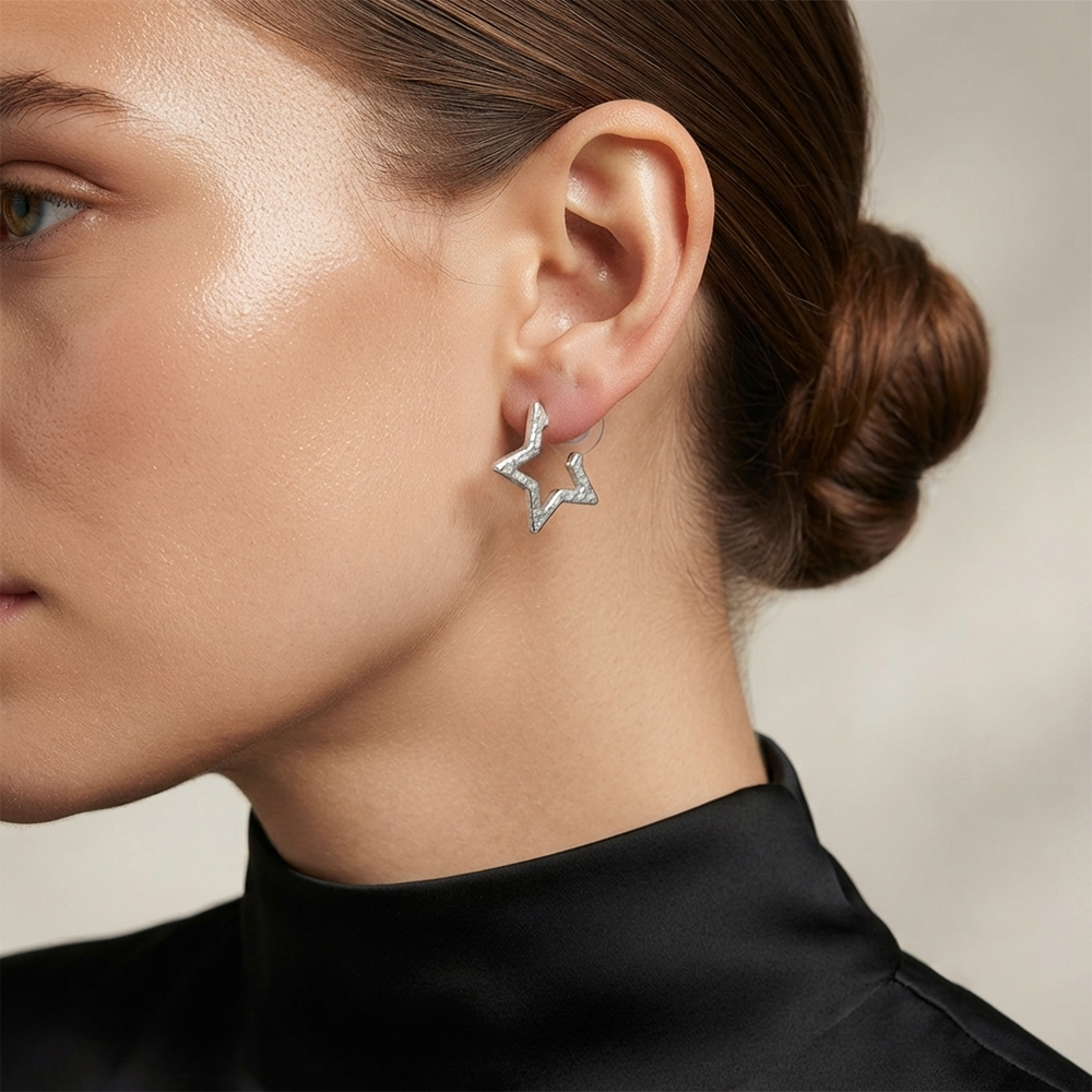 JewelMaze Trendy Silver Star Geometric Hoop Earrings for Women