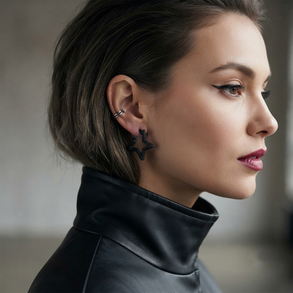 JewelMaze Trendy Black Star Geometric Hoop Earrings for Women