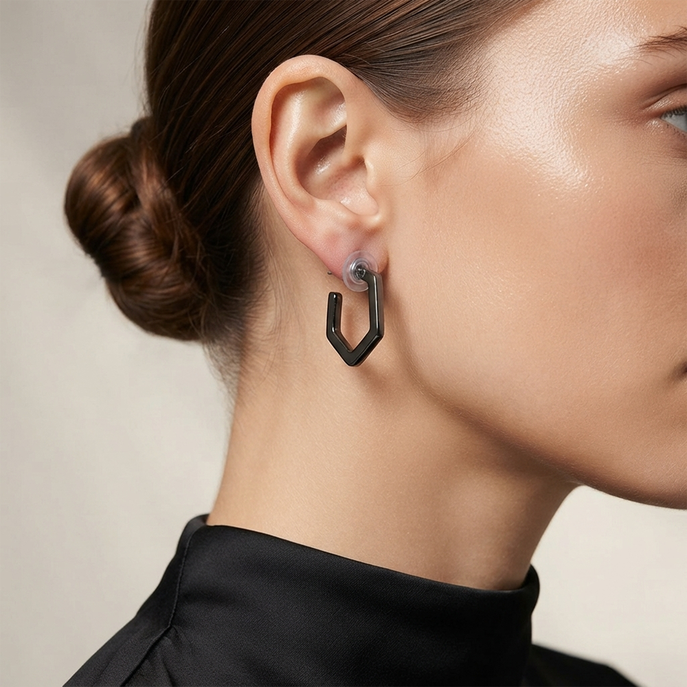 JewelMaze Trendy Black Geometric Hoop Earrings for Women