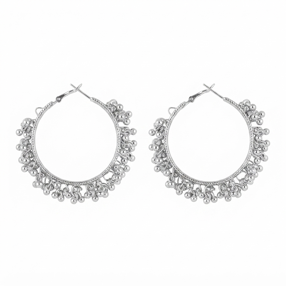 JewelMaze Ethnic Silver Beaded Hoop Earrings for Women