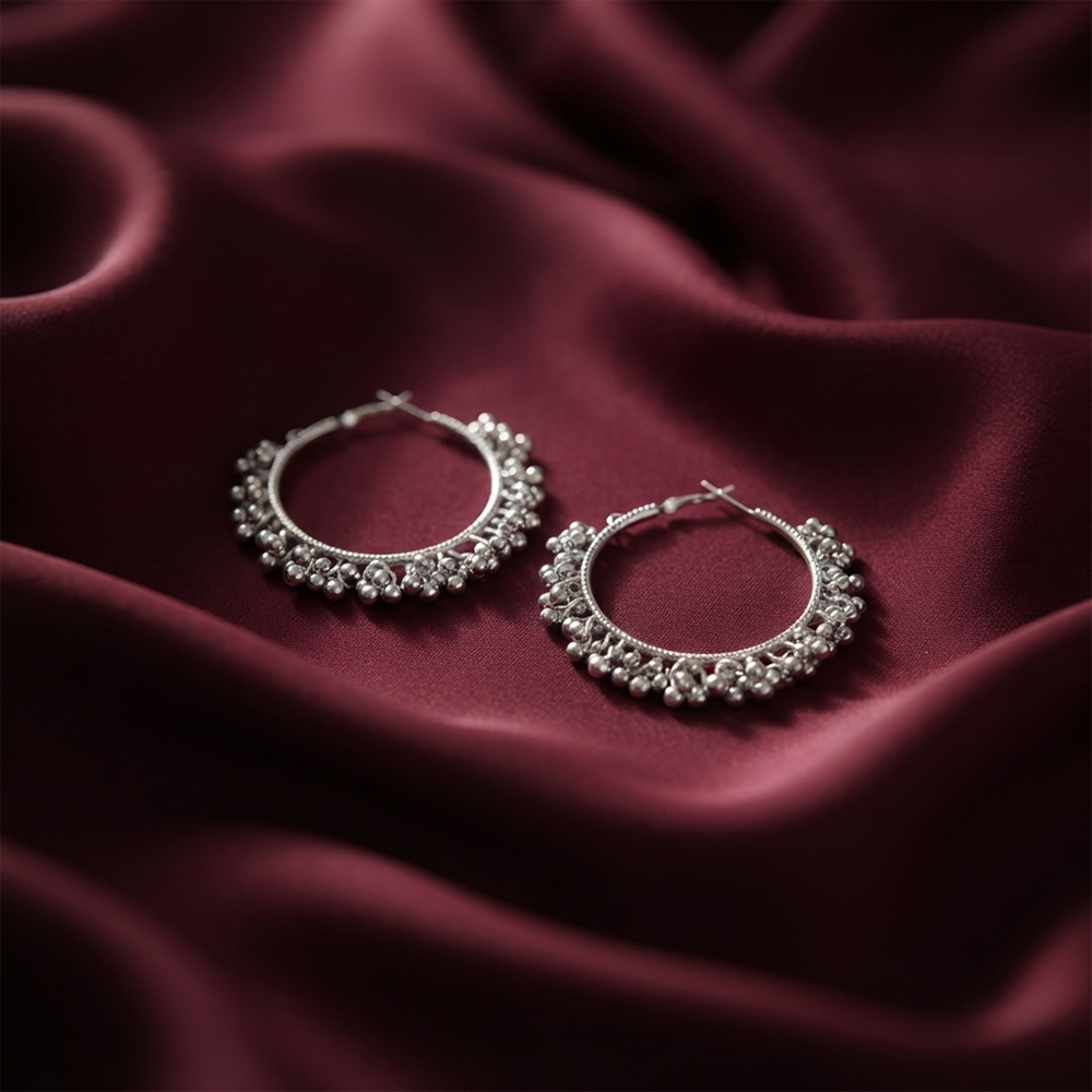 JewelMaze Ethnic Silver Beaded Hoop Earrings for Women