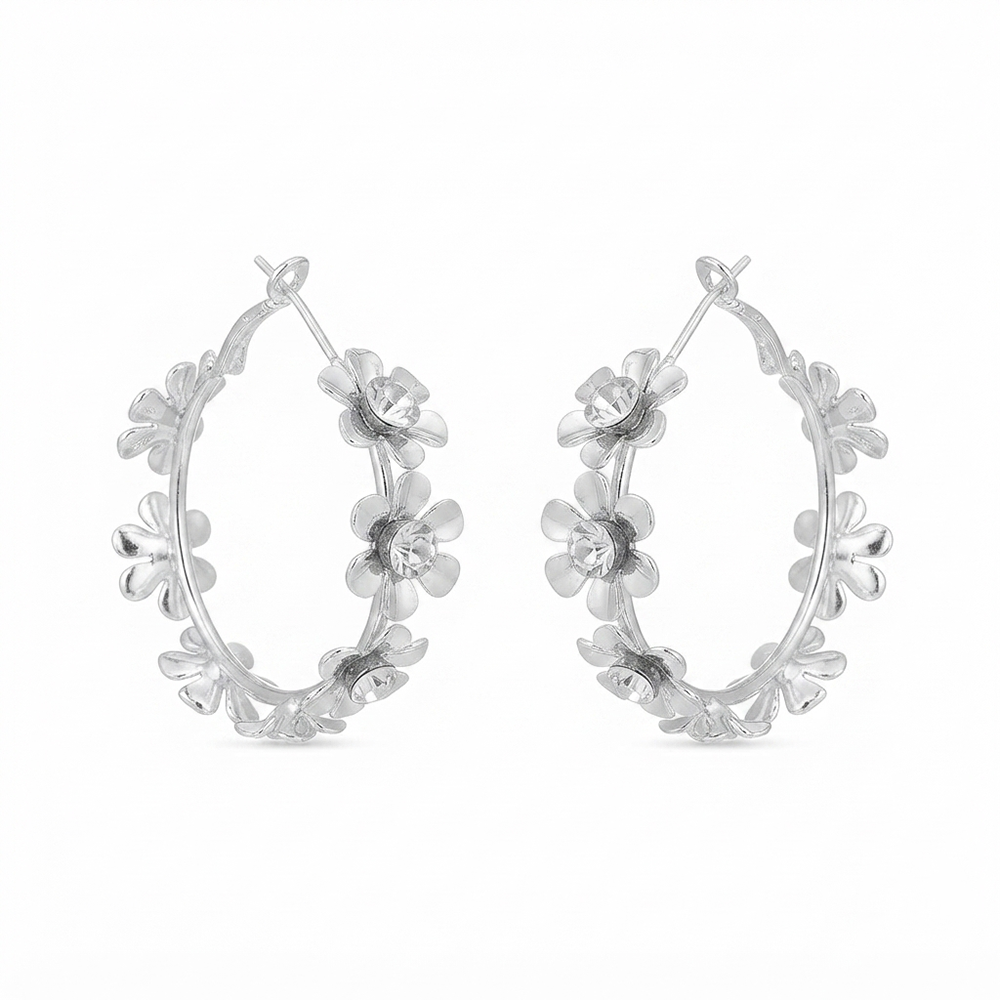 JewelMaze Silver Floral Austrian Stone  Hoop Earrings for Women