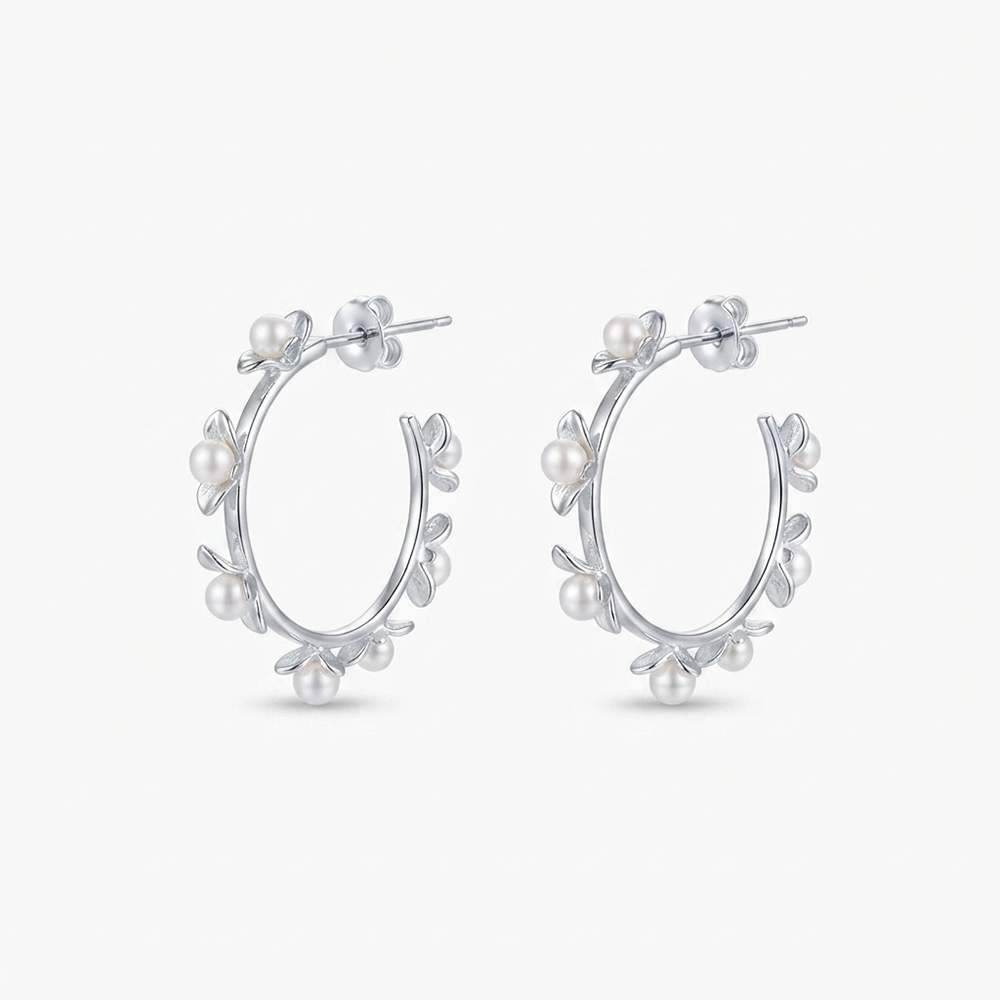 JewelMaze Silver Floral Pearl Hoop Earrings for Women
