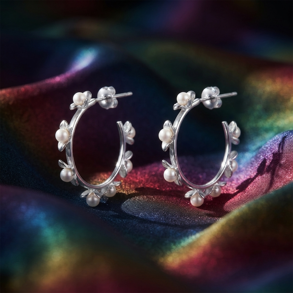 JewelMaze Silver Floral Pearl Hoop Earrings for Women