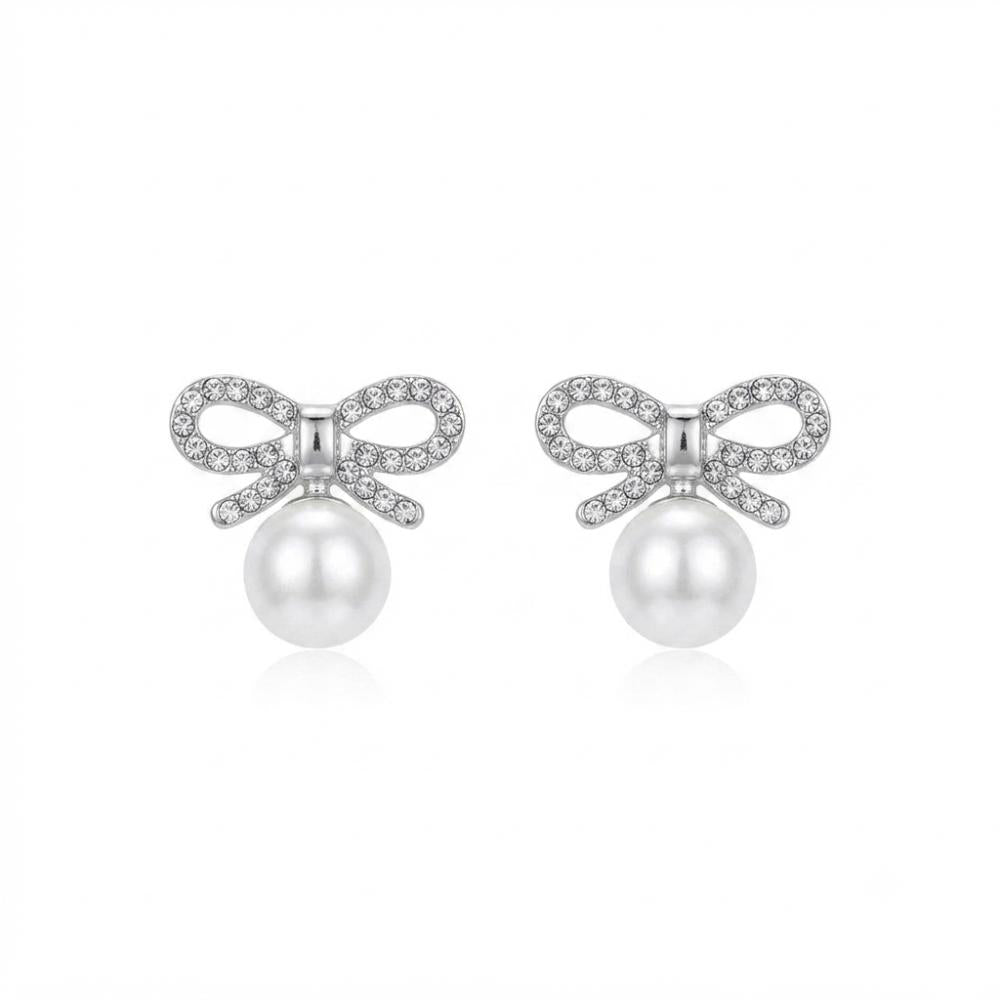 JewelMaze Silver Plated Bow Shape Austrian Stone & Pearl Stud Earrings for Women