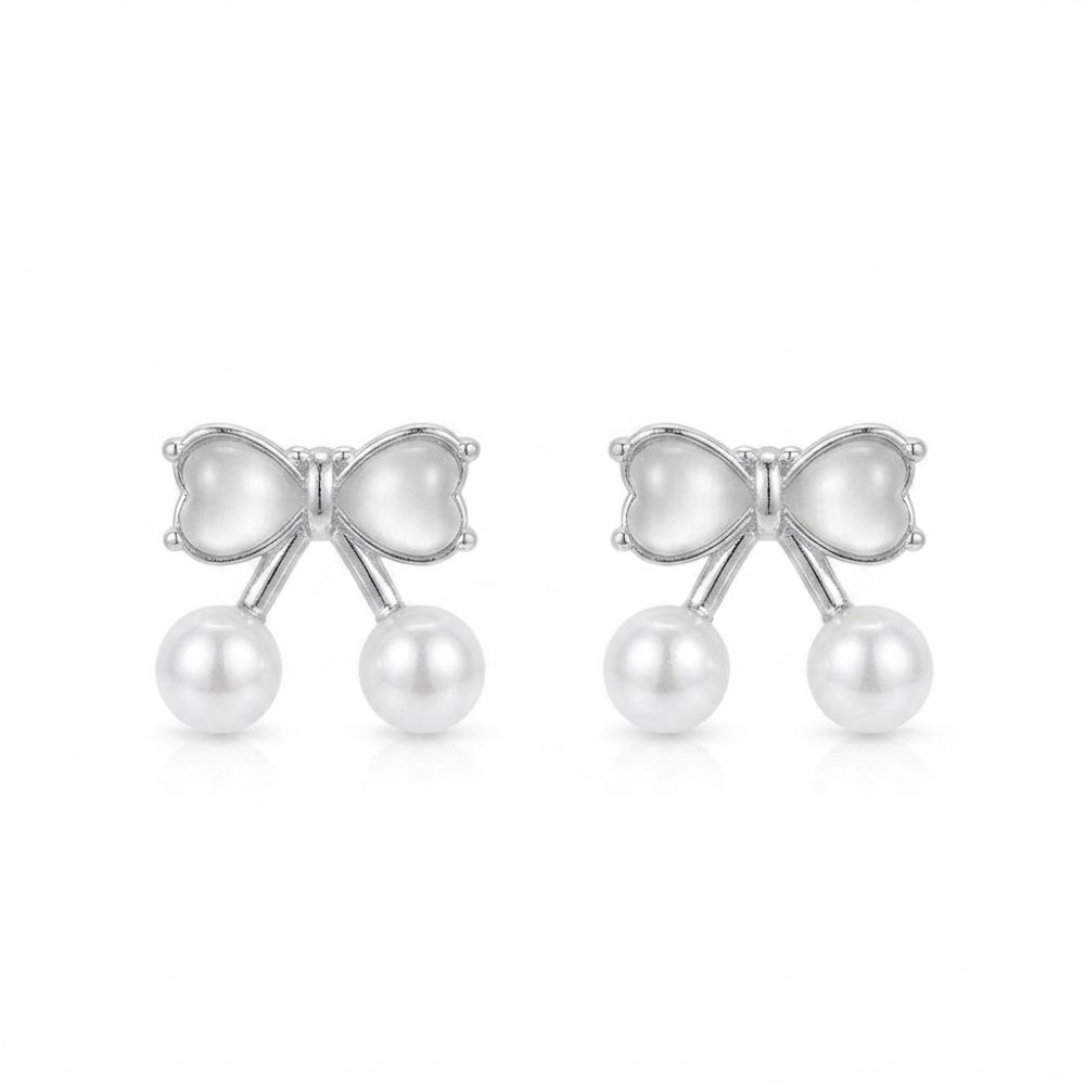 JewelMaze Silver Plated Bow Shape Austrian Stone & Pearl Stud Earrings for Women