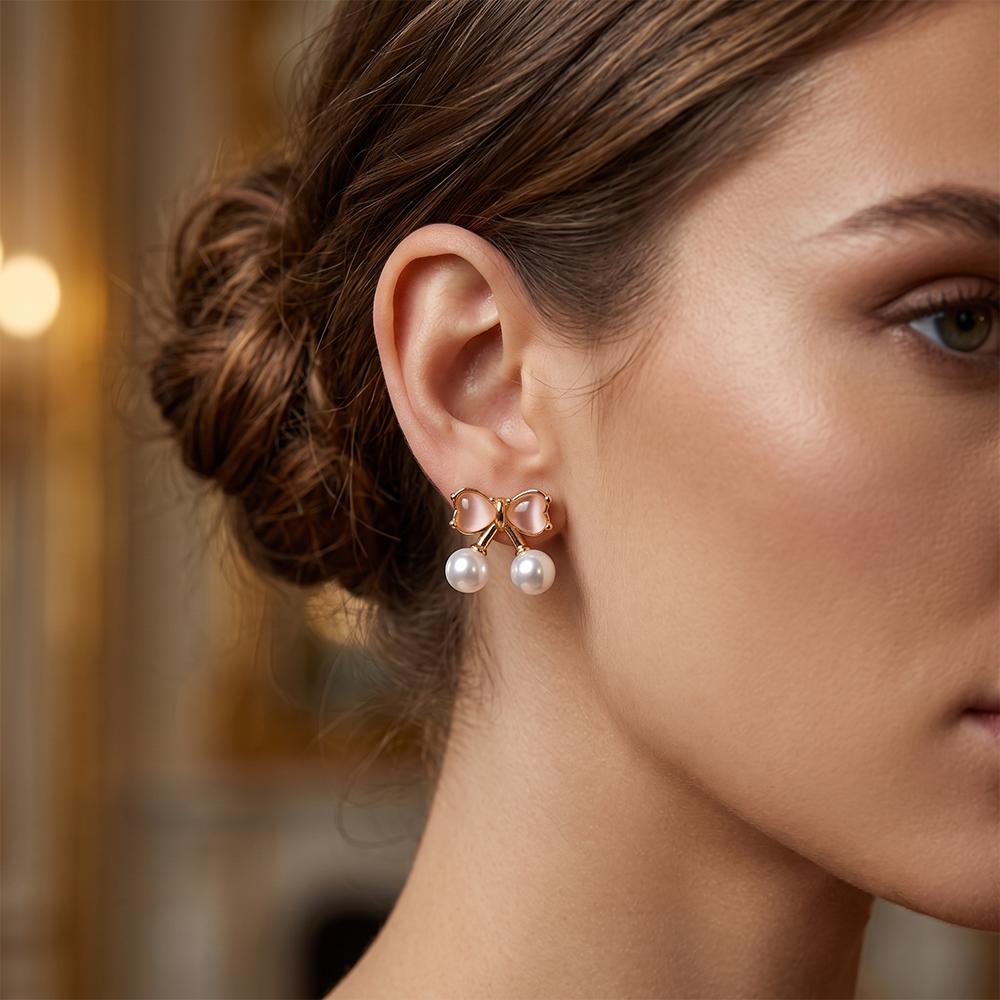 JewelMaze Rose Gold Plated Bow Shape Austrian Stone & Pearl Stud Earrings for Women