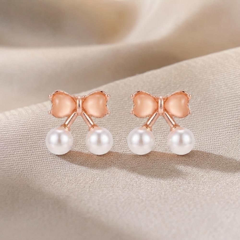 JewelMaze Rose Gold Plated Bow Shape Austrian Stone & Pearl Stud Earrings for Women 