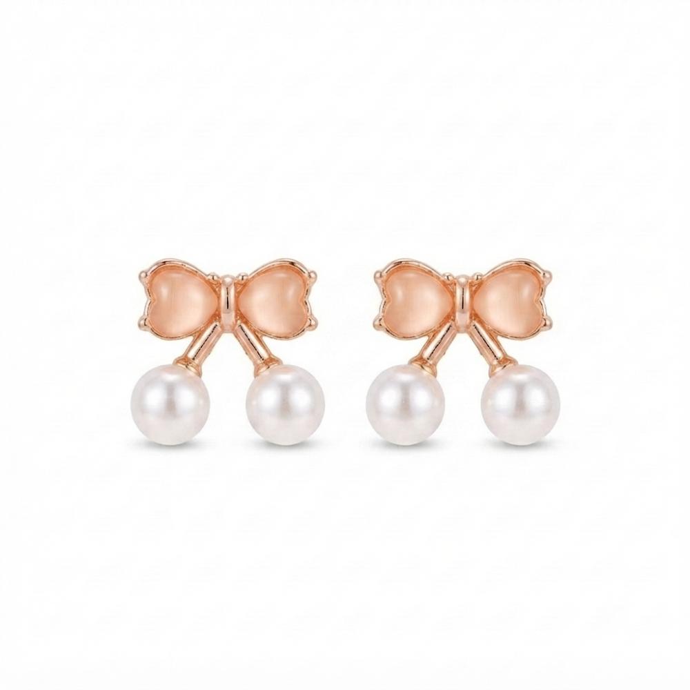 JewelMaze Rose Gold Plated Bow Shape Austrian Stone & Pearl Stud Earrings for Women