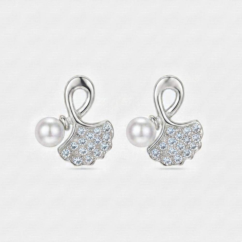 JewelMaze Silver Plated Leaf Shape Austrian Stone & Pearl Stud Earrings for Women