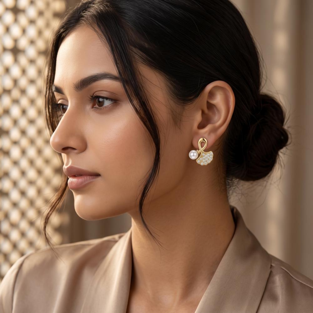 JewelMaze Gold Plated Leaf Shape Austrian Stone & Pearl Stud Earrings for Women