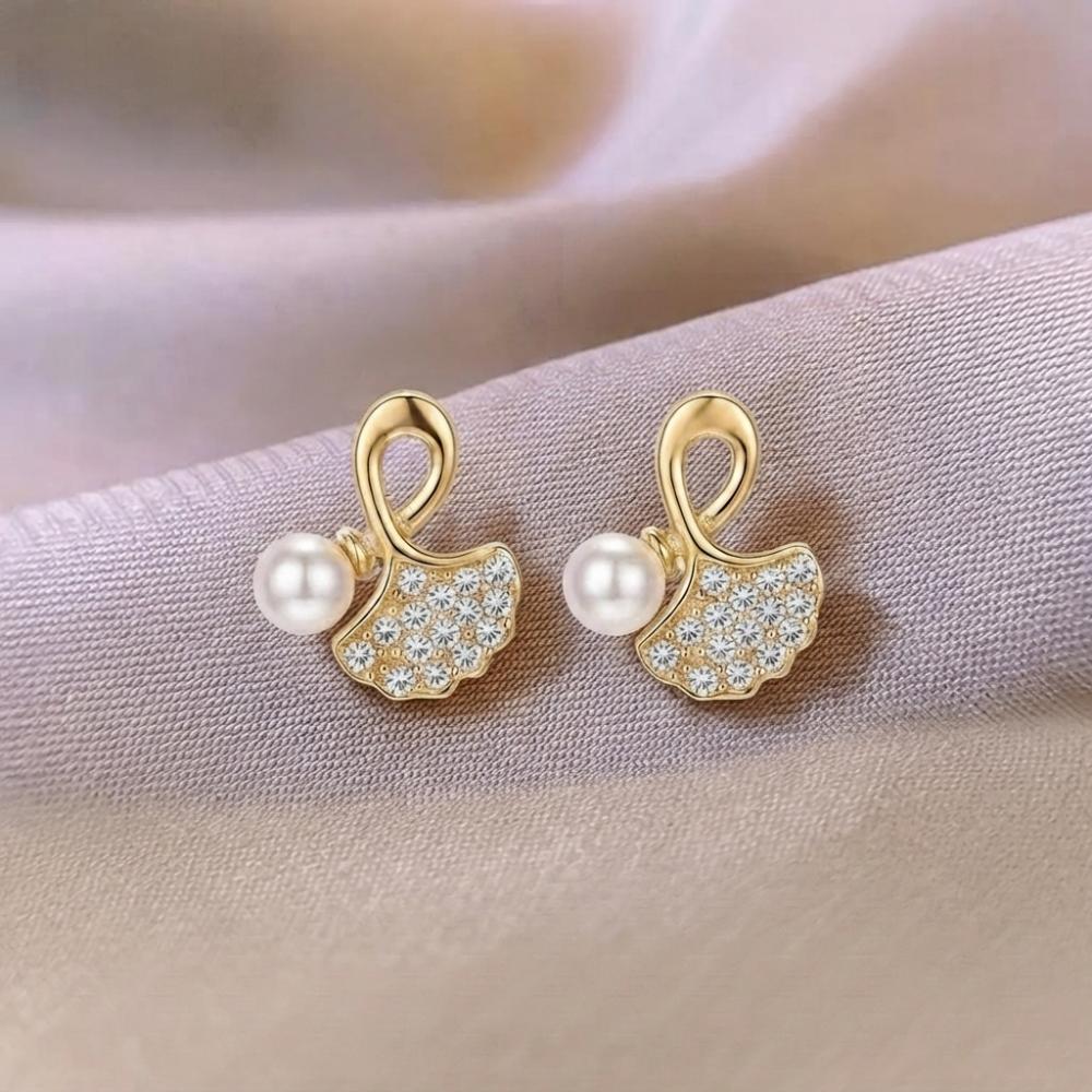 JewelMaze Gold Plated Leaf Shape Austrian Stone & Pearl Stud Earrings for Women 