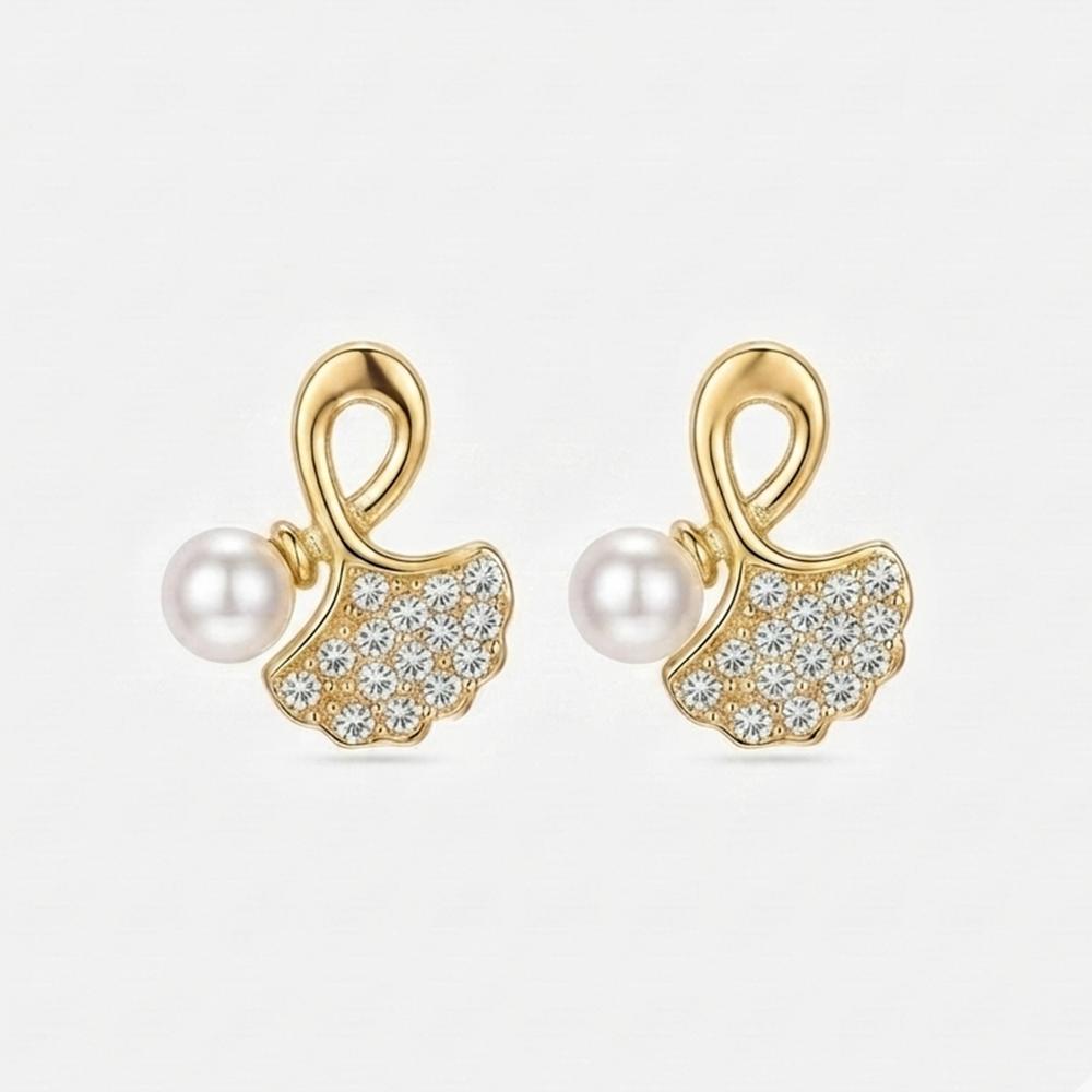 JewelMaze Gold Plated Leaf Shape Austrian Stone & Pearl Stud Earrings for Women