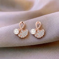 JewelMaze RoseGold Plated Leaf Shape Austrian Stone & Pearl Stud Earrings for Women 