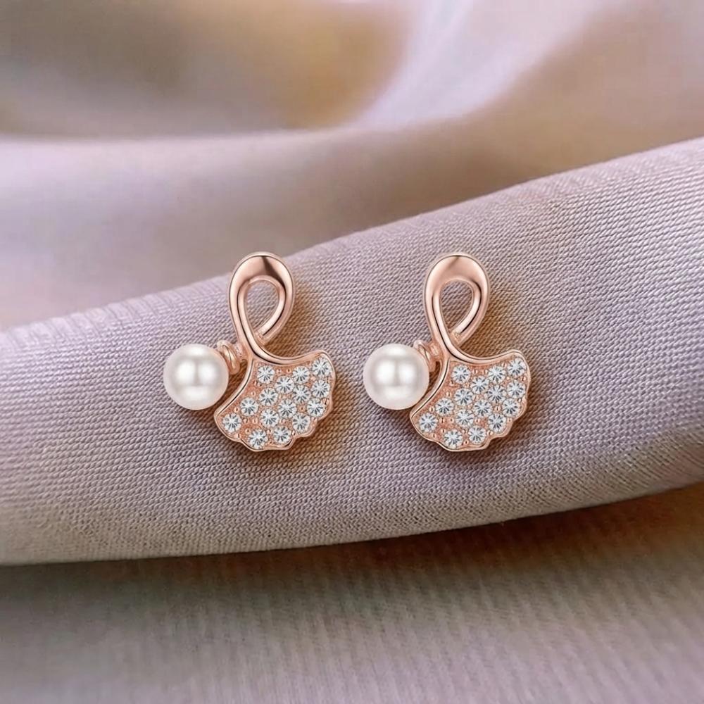 JewelMaze RoseGold Plated Leaf Shape Austrian Stone & Pearl Stud Earrings for Women 