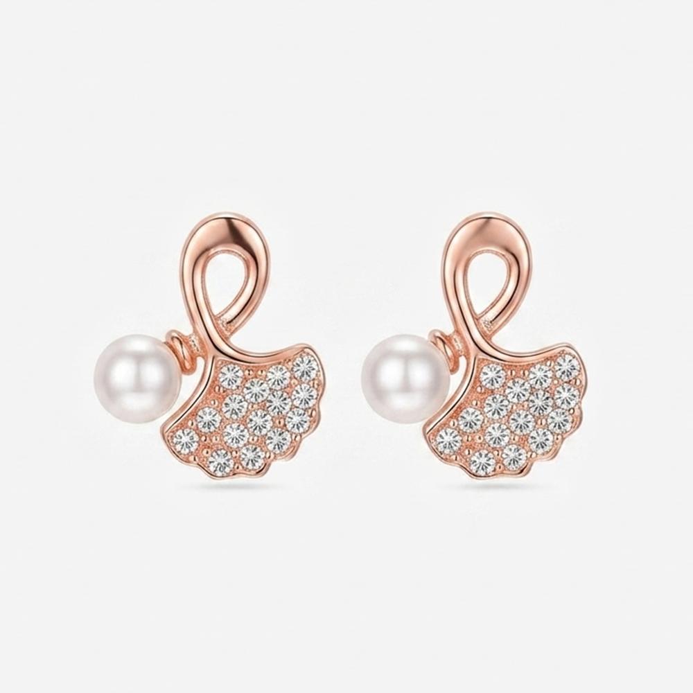 JewelMaze RoseGold Plated Leaf Shape Austrian Stone & Pearl Stud Earrings for Women