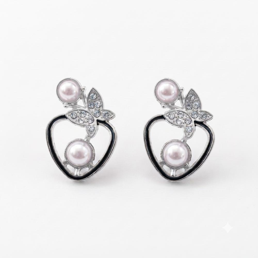 JewelMaze Silver Plated Butterfly Shape Austrian Stone & Pearl Stud Earrings for Women