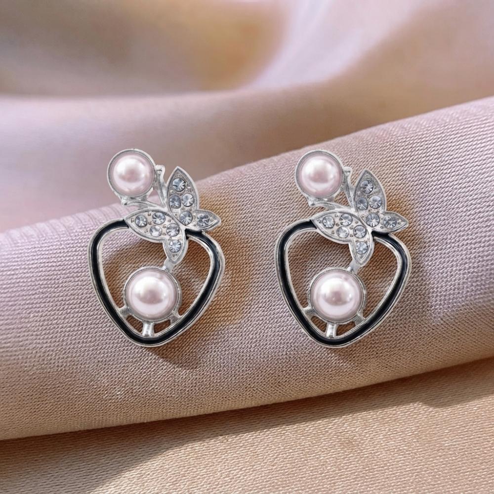 JewelMaze Silver Plated Butterfly Shape Austrian Stone & Pearl Stud Earrings for Women