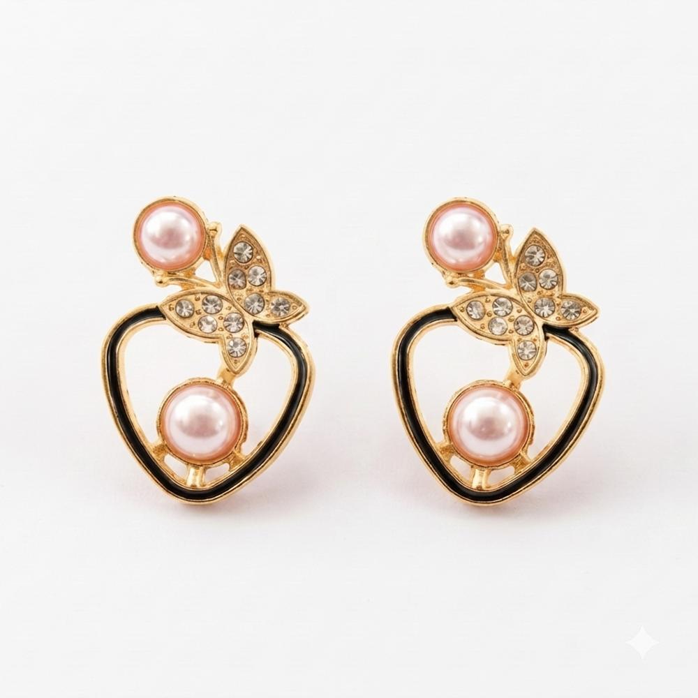 JewelMaze Gold Plated Butterfly Shape Austrian Stone & Pearl Stud Earrings for Women