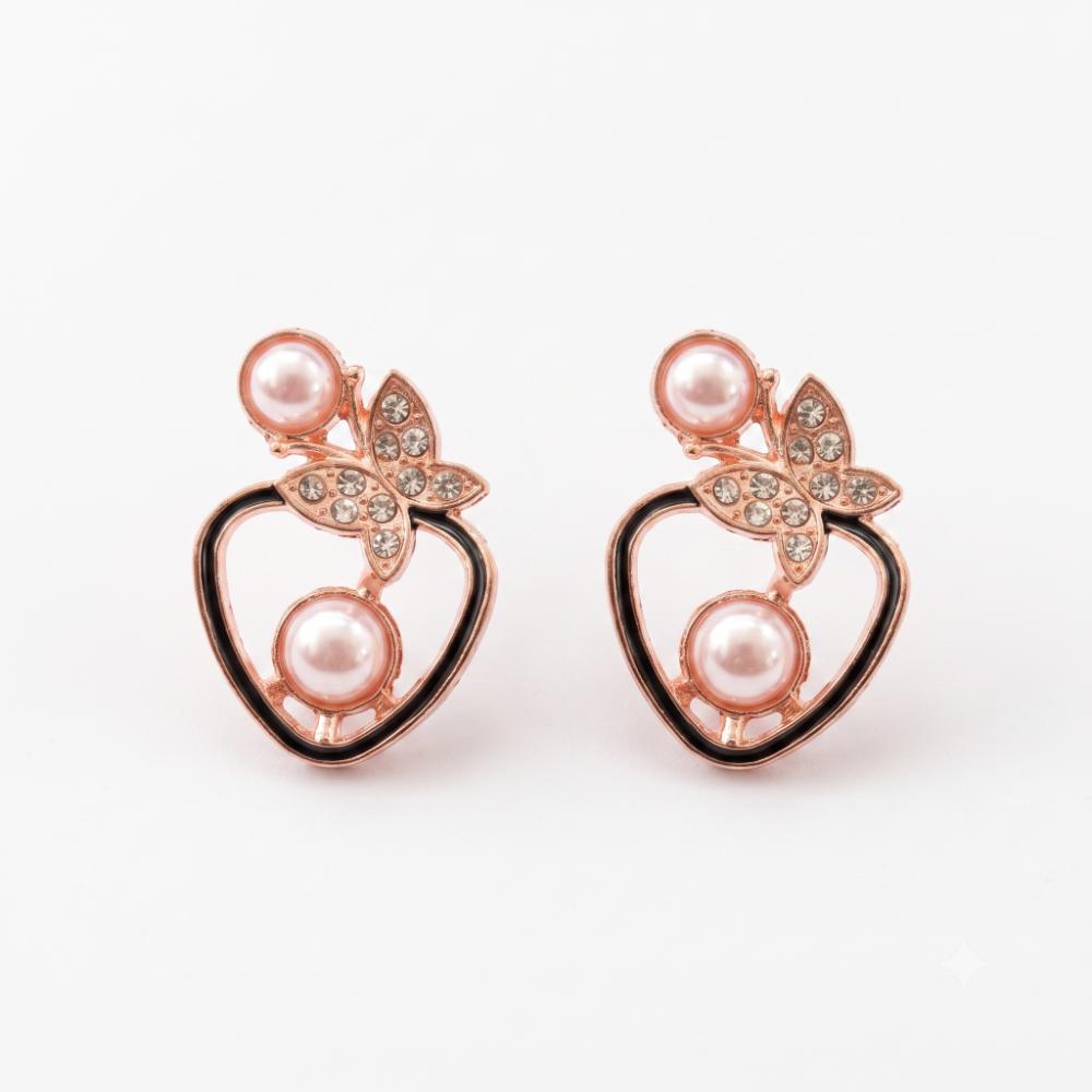 JewelMaze Rose Gold Plated Butterfly Shape Austrian Stone & Pearl Stud Earrings for Women