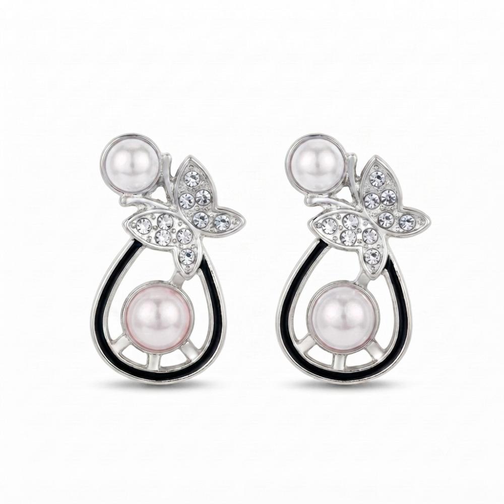 JewelMaze Silver Plated Butterfly Shape Austrian Stone & Pearl Stud Earrings for Women