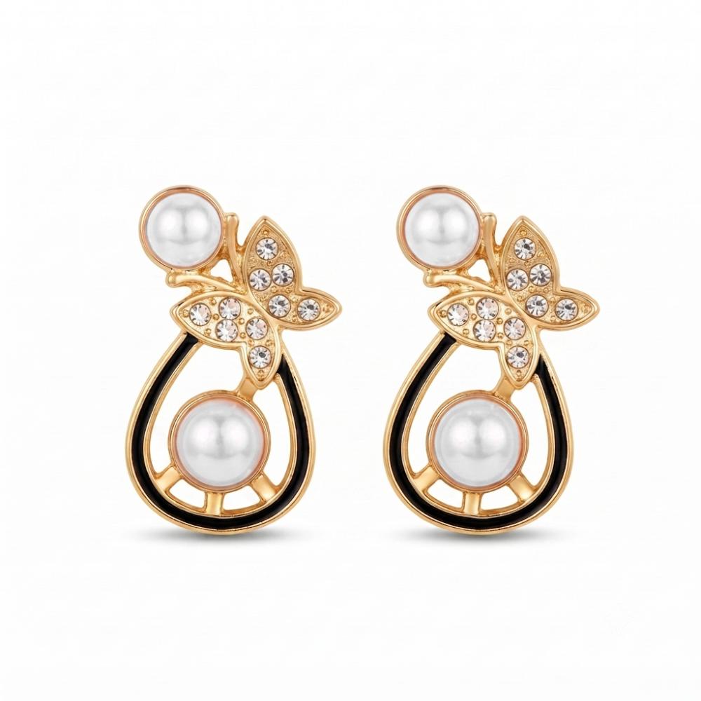 JewelMaze Gold Plated Butterfly Shape Austrian Stone & Pearl Stud Earrings for Women