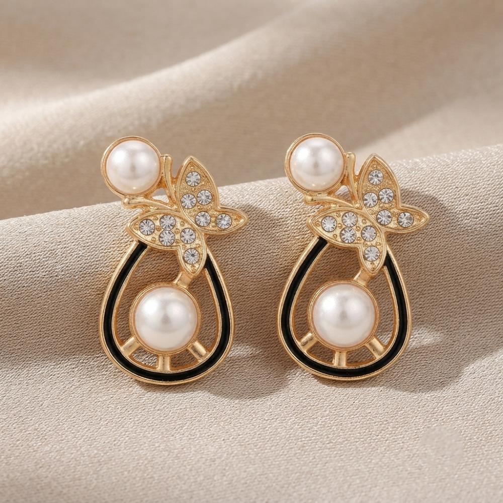 JewelMaze Gold Plated Butterfly Shape Austrian Stone & Pearl Stud Earrings for Women 