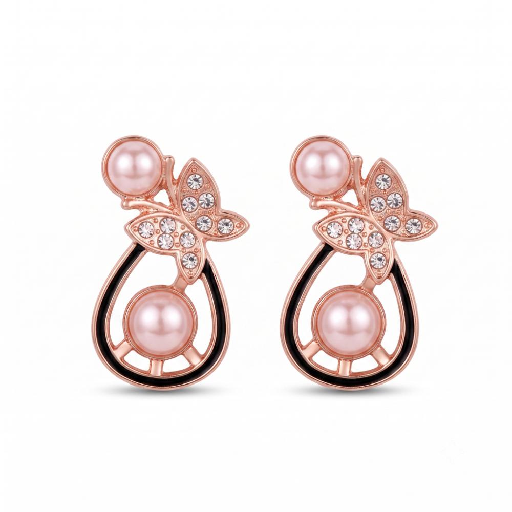 JewelMaze Rose Gold Plated Butterfly Shape Austrian Stone & Pearl Stud Earrings for Women