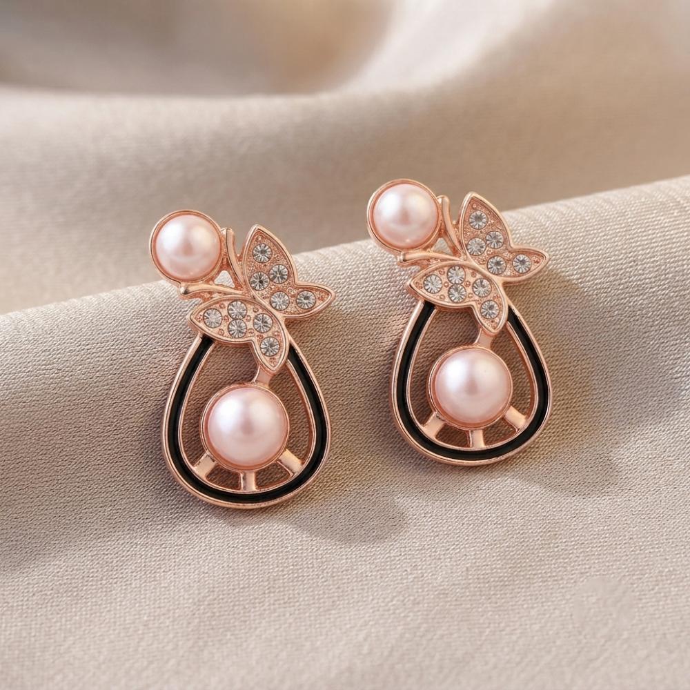 JewelMaze Rose Gold Plated Butterfly Shape Austrian Stone & Pearl Stud Earrings for Women