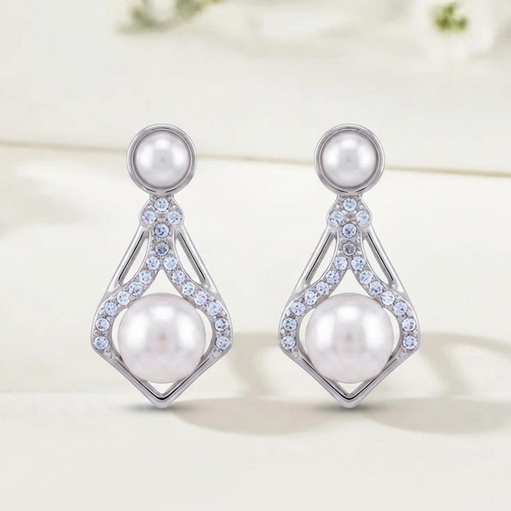 JewelMaze Silver Plated Austrian Stone & Pearl Stud Earrings for Women 