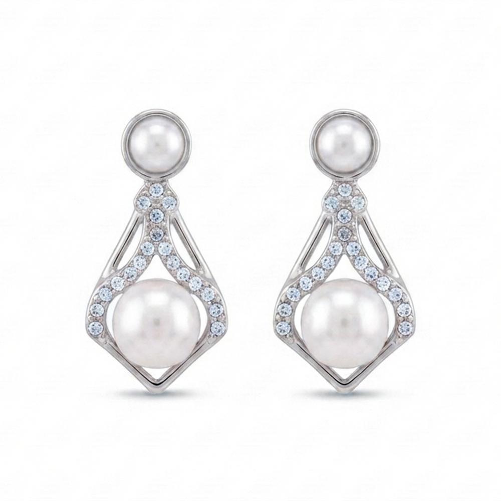 JewelMaze Silver Plated Austrian Stone & Pearl Stud Earrings for Women