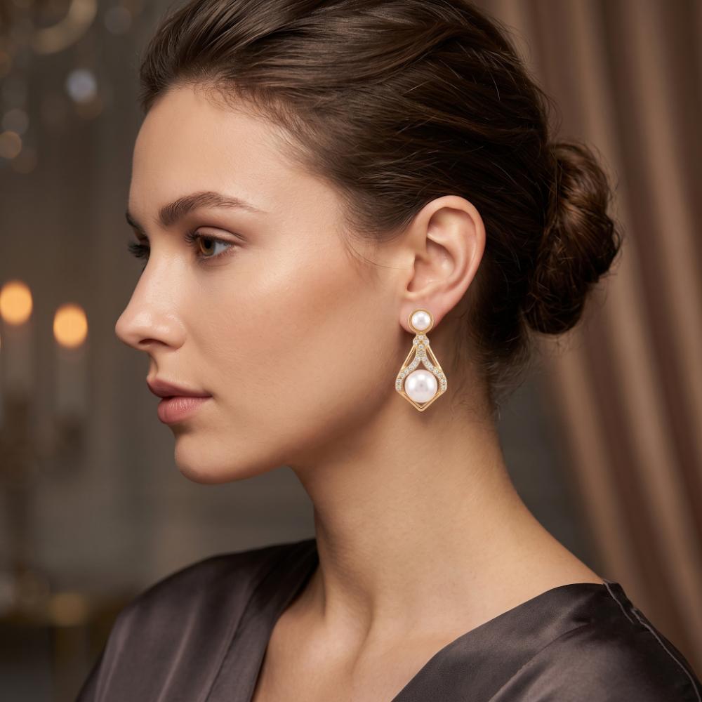 JewelMaze Gold Plated Austrian Stone & Pearl Stud Earrings for Women
