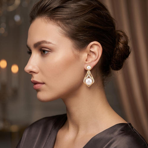 JewelMaze Gold Plated Austrian Stone & Pearl Stud Earrings for Women