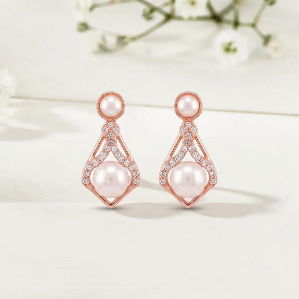 JewelMaze Rose Gold Plated  Austrian Stone & Pearl Stud Earrings for Women