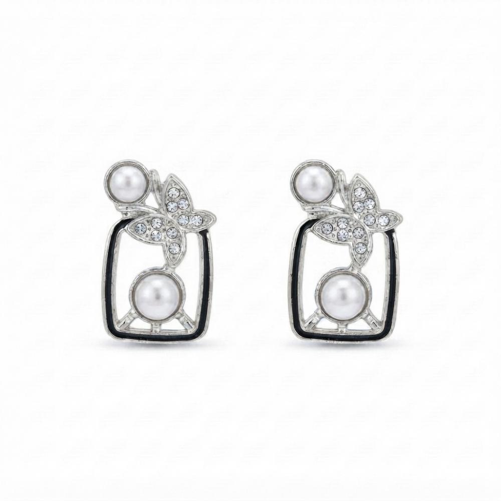 JewelMaze Silver Plated Butterfly Motif Austrian Stone & Pearl Stud Earrings for Women