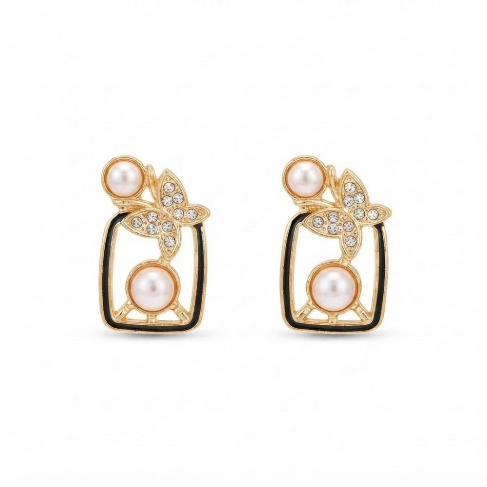 JewelMaze Gold Plated Butterfly Motif Austrian Stone & Pearl Stud Earrings for Women