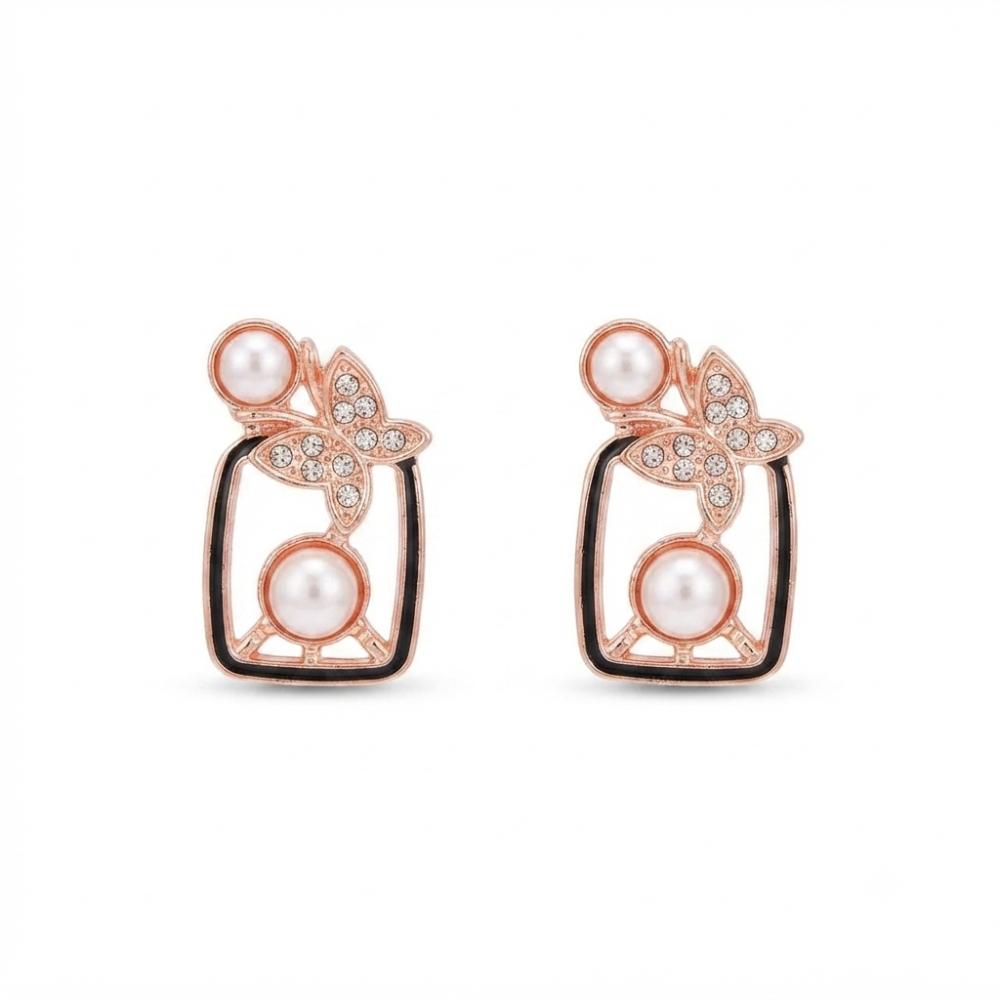 JewelMaze Rose Gold Plated Butterfly Motif Austrian Stone & Pearl Stud Earrings for Women