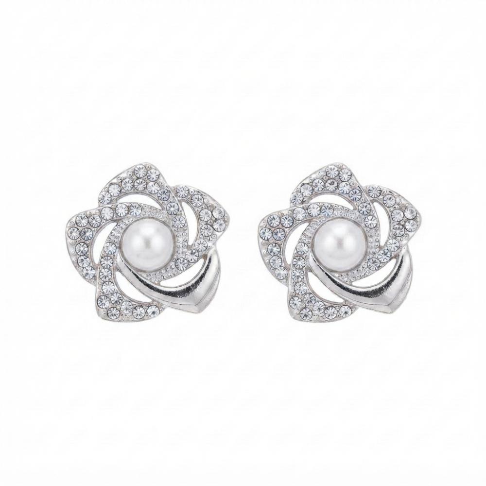 JewelMaze Stylish Silver Plated Floral Shape Austrian Stone & Pearl Stud Earrings for Women & Girls