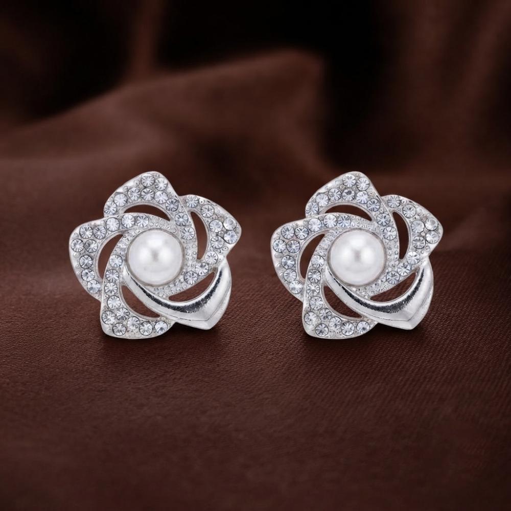 JewelMaze Stylish Silver Plated Floral Shape Austrian Stone & Pearl Stud Earrings for Women & Girls