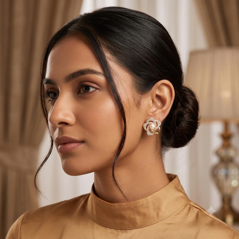 JewelMaze Stylish Gold Plated Floral Shape Austrian Stone & Pearl Stud Earrings for Women & Girls