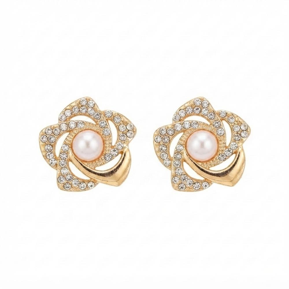 JewelMaze Stylish Gold Plated Floral Shape Austrian Stone & Pearl Stud Earrings for Women & Girls