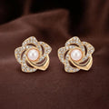 JewelMaze Stylish Gold Plated Floral Shape Austrian Stone & Pearl Stud Earrings for Women & Girls