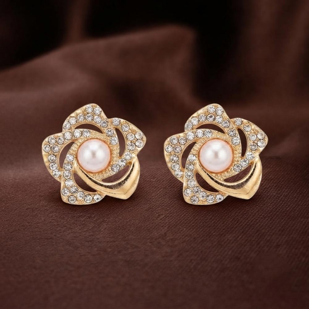 JewelMaze Stylish Gold Plated Floral Shape Austrian Stone & Pearl Stud Earrings for Women & Girls