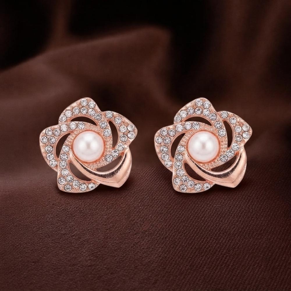 JewelMaze Stylish Rose Gold Plated Floral Shape Austrian Stone & Pearl Stud Earrings for Women & Girls