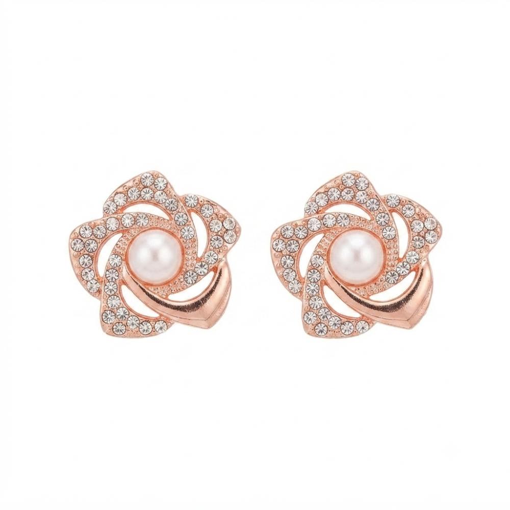 JewelMaze Stylish Rose Gold Plated Floral Shape Austrian Stone & Pearl Stud Earrings for Women & Girls