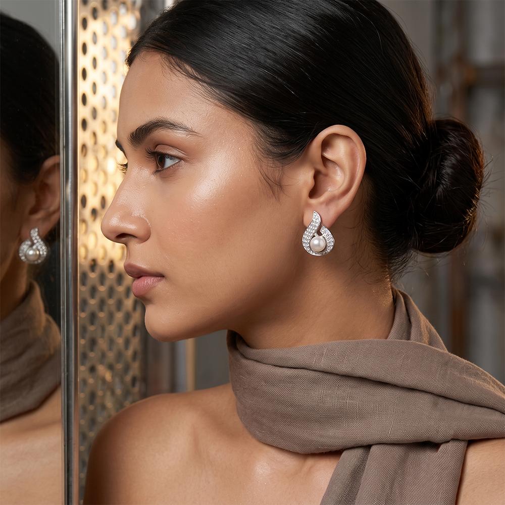 JewelMaze Stylish Silver Plated TearDrop Shape Austrian Stone & Pearl Stud Earrings for Women & Girls
